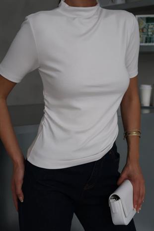 Balıkçı Yaka Basic Buzzy Kumaş Kadın Bluz - Beyaz