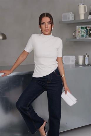 Balıkçı Yaka Basic Buzzy Kumaş Kadın Bluz - Beyaz