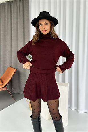 Balıkçı Yaka Triko Etek 2li Takım - Bordo