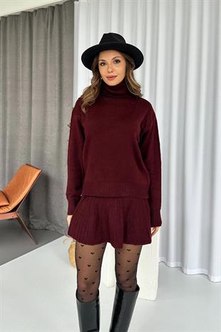 Balıkçı Yaka Triko Etek 2li Takım - Bordo