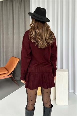 Balıkçı Yaka Triko Etek 2li Takım - Bordo