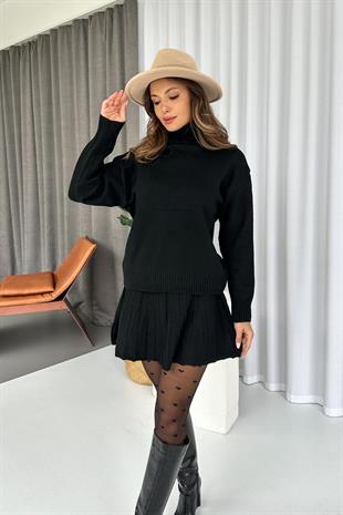 Balıkçı Yaka Triko Etek 2li Takım - Siyah