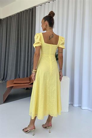 Balon Kol Kare Yaka Nakış Detay Elbise - Sarı