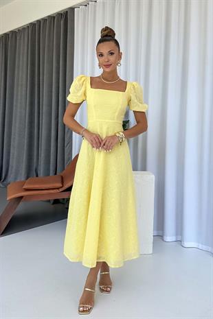 Balon Kol Kare Yaka Nakış Detay Elbise - Sarı