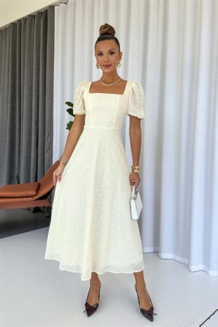 Balon Kol Kare Yaka Nakış Detay Elbise - Bej