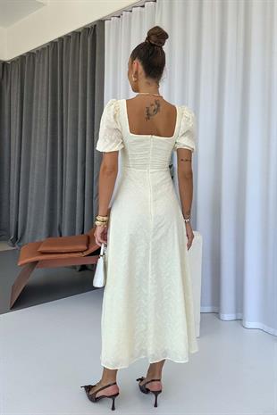 Balon Kol Kare Yaka Nakış Detay Elbise - Bej