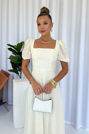 Balon Kol Kare Yaka Nakış Detay Elbise - Bej