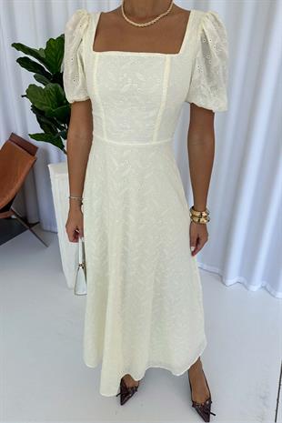 Balon Kol Kare Yaka Nakış Detay Elbise - Bej