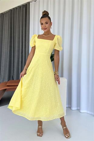 Balon Kol Kare Yaka Nakış Detay Elbise - Sarı