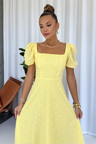 Balon Kol Kare Yaka Nakış Detay Elbise - Sarı