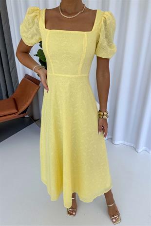Balon Kol Kare Yaka Nakış Detay Elbise - Sarı