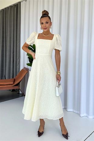 Balon Kol Kare Yaka Nakış Detay Elbise - Bej