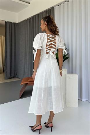 Balon Kol Sırtı Çapraz Maxi Elbise - Beyaz