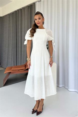 Balon Kol Sırtı Çapraz Maxi Elbise - Beyaz