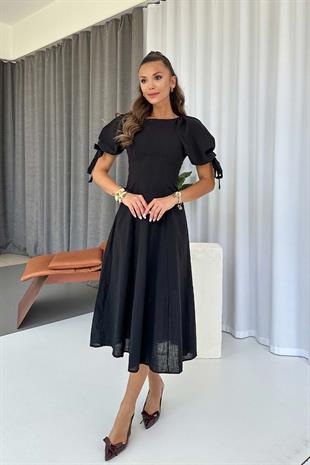 Balon Kol Sırtı Çapraz Maxi Elbise - Siyah