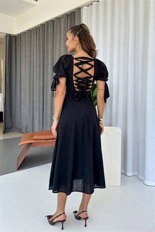 Balon Kol Sırtı Çapraz Maxi Elbise - Siyah