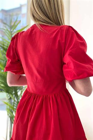 Balon Kol V Yaka Elbise - Beyaz