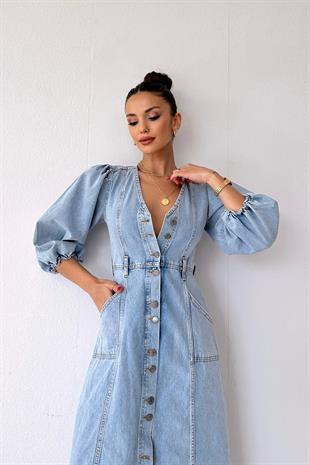 Balon Kol V Yaka Kot Kadın Elbise - Mavi