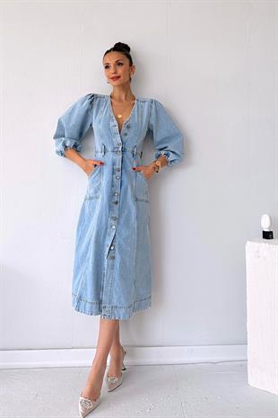 Balon Kol V Yaka Kot Kadın Elbise - Mavi