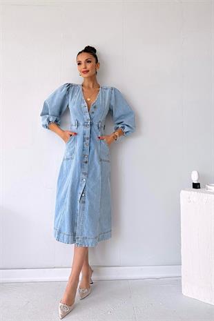 Balon Kol V Yaka Kot Kadın Elbise - Mavi