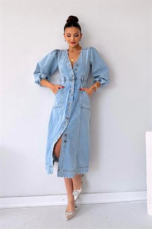 Balon Kol V Yaka Kot Kadın Elbise - Mavi