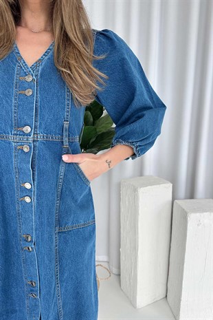 Balon Kol V Yaka Kot Kadın Elbise - Lacivert