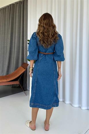 Balon Kol V Yaka Kot Kadın Elbise - Lacivert