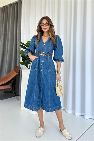 Balon Kol V Yaka Kot Kadın Elbise - Lacivert