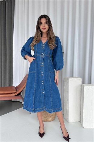 Balon Kol V Yaka Kot Kadın Elbise - Lacivert