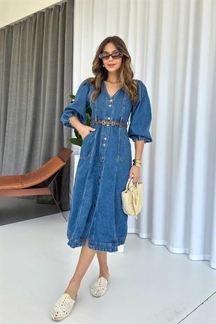 Balon Kol V Yaka Kot Kadın Elbise - Lacivert