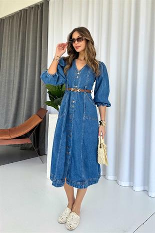 Balon Kol V Yaka Kot Kadın Elbise - Lacivert