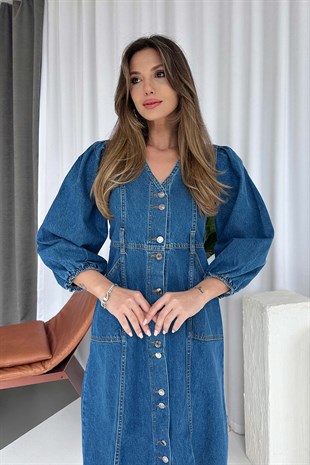 Balon Kol V Yaka Kot Kadın Elbise - Lacivert