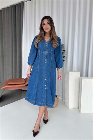 Balon Kol V Yaka Kot Kadın Elbise - Lacivert