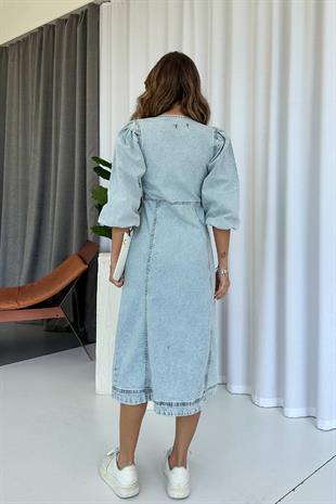 Balon Kol V Yaka Kot Kadın Elbise - Mavi