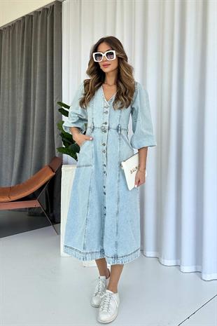 Balon Kol V Yaka Kot Kadın Elbise - Mavi