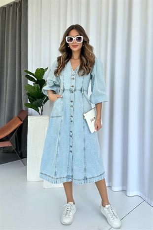 Balon Kol V Yaka Kot Kadın Elbise - Mavi