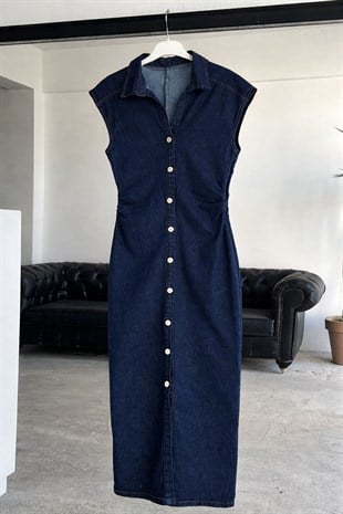 Bel Büzgü Detaylı Denim Kadın Elbise - Lacivert