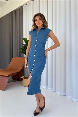 Bel Büzgü Detaylı Denim Kadın Elbise - Mavi