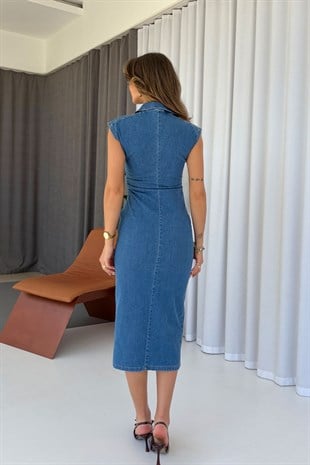Bel Büzgü Detaylı Denim Kadın Elbise - Mavi