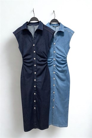 Bel Büzgü Detaylı Denim Kadın Elbise - Mavi