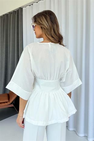 Beli Kuşak Detaylı Tasarım Kadın Bluz - Beyaz