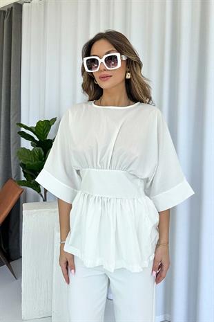 Beli Kuşak Detaylı Tasarım Kadın Bluz - Beyaz