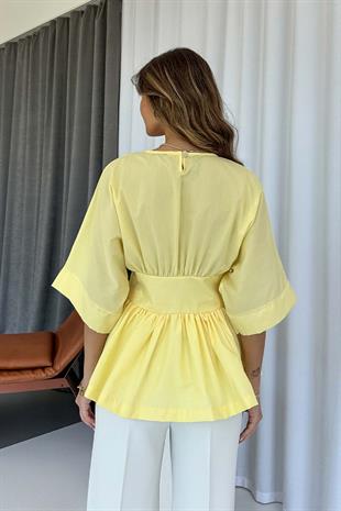 Beli Kuşak Detaylı Tasarım Kadın Bluz - Sarı