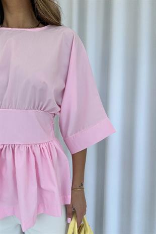 Beli Kuşak Detaylı Tasarım Kadın Bluz - Pembe