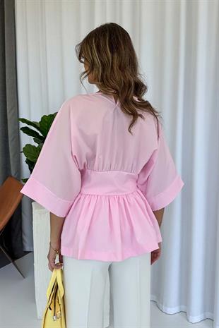 Beli Kuşak Detaylı Tasarım Kadın Bluz - Pembe