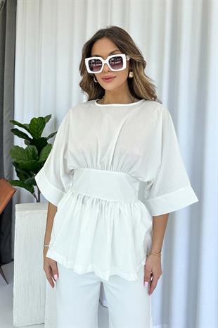 Beli Kuşak Detaylı Tasarım Kadın Bluz - Beyaz