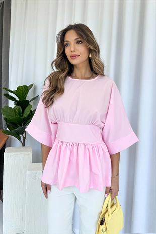 Beli Kuşak Detaylı Tasarım Kadın Bluz - Pembe