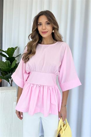 Beli Kuşak Detaylı Tasarım Kadın Bluz - Pembe