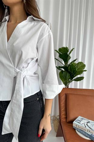 Beli Kuşaklı Poplin Kadın Gömlek - Beyaz