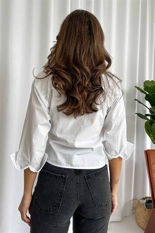 Beli Kuşaklı Poplin Kadın Gömlek - Beyaz